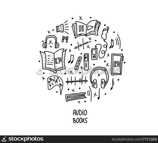 Round audiobooks concept. Set of audio book symbols with lettering. Vector black and white design illustration.