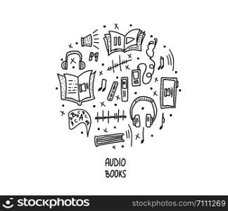 Round audiobooks concept. Set of audio book symbols with lettering. Vector black and white design illustration.