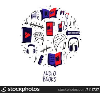 Round audiobooks concept. Set of audio book symbols with lettering. Vector illustration.