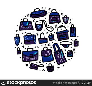 Round badge of bags in doodle style. Hand drawn woman accessories circle composition. Vector color illustration.