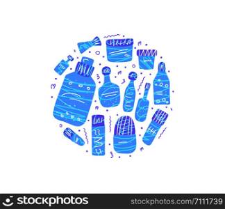 Round badge of beauty supplies. Hygiene vials, tubes and packages in flat style. Vector illustration.