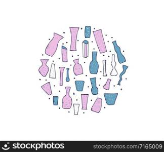 Round badge of flowers vases in doodle style. Vector conceptual illustration.