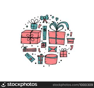 Round badge of gift boxes and package. Collection of holiday presents in doodle style. Vector conceptual illustration.