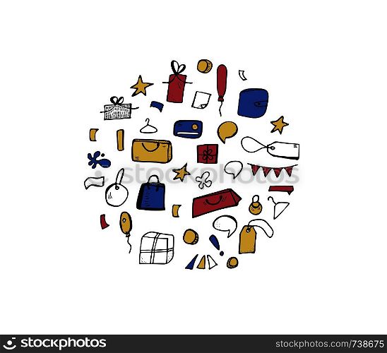 Round badge of sale objects for promotion banners. Collection promo items in doodle style. Vector illustration.