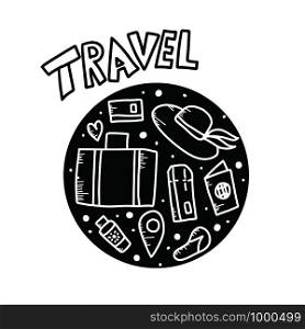 Round badge of travel symbols in doodle style. Hand drawn vector trip elements collection isolated on white background. Color circle illustration.