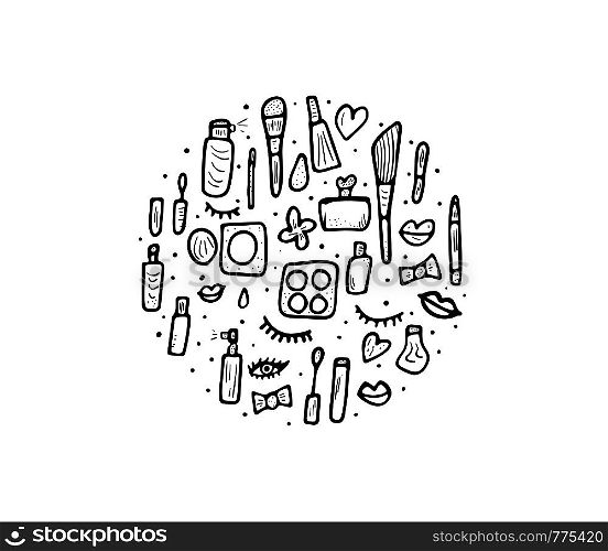 Round badge of vector beauty items. Collection of cosmetic tools in doodle style. Circle makeup composition.