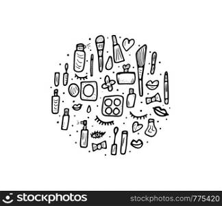 Round badge of vector beauty items. Collection of cosmetic tools in doodle style. Circle makeup composition.