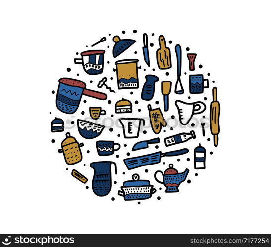Round badge of vector kitchen equipments in doodle style. Set of kitchen dishes and tools objects isolated on white background.
