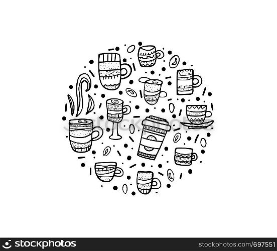 Round badge with mugs. Set of cups with hot beverage in doodle style. Poster template. Vector black and white design illustration.