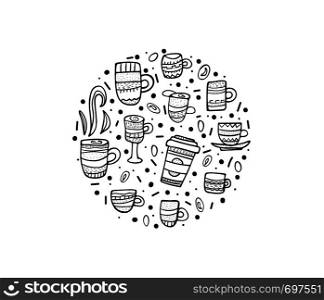 Round badge with mugs. Set of cups with hot beverage in doodle style. Poster template. Vector black and white design illustration.