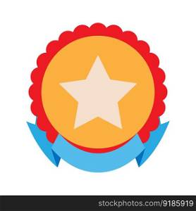 Round badge with star and ribbon. Place for text on ribbon banner. Vector illustration. Round badge with star and ribbon