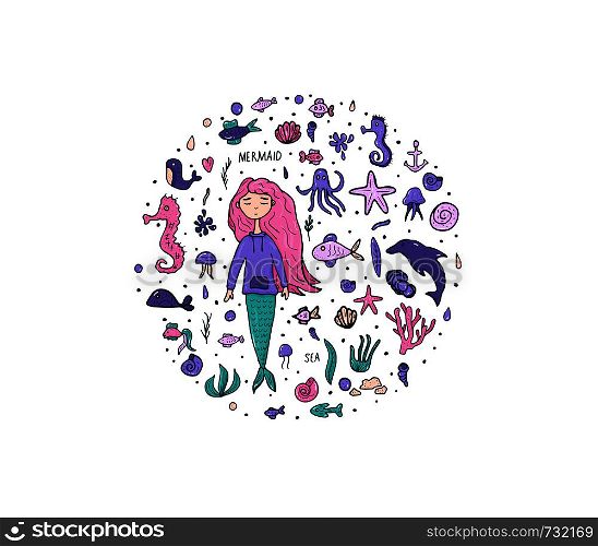 Round badges of mermaid and sea set in doodle style. Vector illustration.
