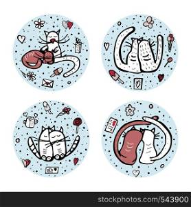 Round badges with cute love symbols. Cats and cozy objects. Vector illustration.