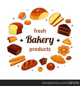 Round bakery products label. Fresh baked bread, pumpernickel breakfast rolls and baking loaf. Breads labels, pastry wheat logo design or bakery cake cafe tag vector template. Round bakery products label. Fresh baked bread, pumpernickel breakfast rolls and baking loaf. Breads labels vector template