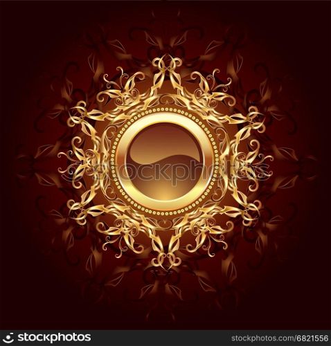 round banner jewelry gold framed symmetrical pattern on a dark brown background.&#xA;