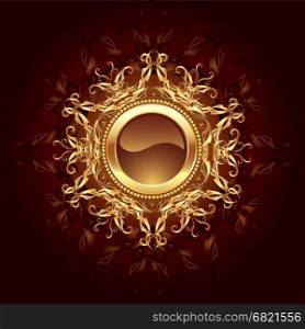 round banner jewelry gold framed symmetrical pattern on a dark brown background.&#xA;