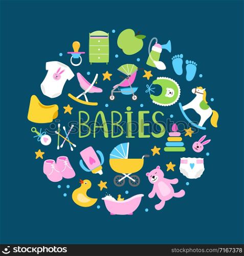 Round banner or background with cute babies accessorises. Vector round shape badge with accessory for baby, pacifier, diaper and stroller illustration. Round banner or background with cute babies accessorises