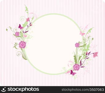 round banner with floral ornament and pink flowers