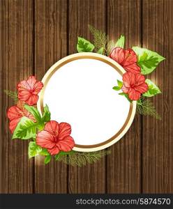 Round banner with red tropical flowers and green leaves