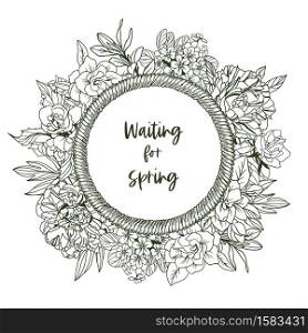 Round banner with rope frame and tiny spring flowers - jasmine, peonies, gardenia flowers. Hand drawn vector illustration.