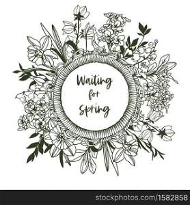 Round banner with rope frame and tiny spring flowers - narcissus, snowdrops, lilies of the valley. Hand drawn vector illustration.