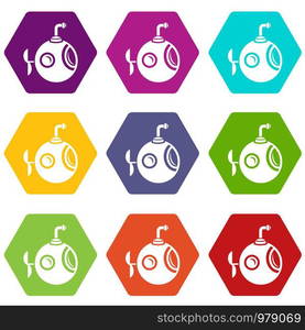 Round bathyscaphe icons 9 set coloful isolated on white for web. Round bathyscaphe icons set 9 vector