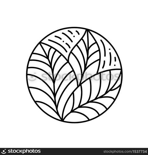 Round bio emblem in a circle linear style. Tropical plant green leaf logo. Vector abstract badge for design of natural products, cosmetics, ecology concepts, spa, yoga Center.. Round bio emblem in a circle linear style. Tropical plant green leaf logo. Vector abstract badge for design of natural products, cosmetics, ecology concepts, spa, yoga Center