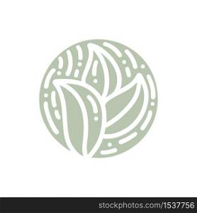 Round bio emblem in a circle linear style. Tropical plant green leaf logo. Vector abstract badge for design of natural products, flower shop, cosmetics, ecology concepts, health, spa, yoga Center.. Round bio emblem in a circle linear style. Tropical plant green leaf logo. Vector abstract badge for design of natural products, flower shop, cosmetics, ecology concepts, health, spa, yoga Center