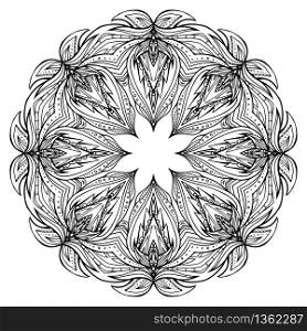 Round black and white mandala with boho pattern. Vector element for invitations, scrapbooking, prints for t-shirts for your creativity. Round black and white mandala with boho pattern. Vector element