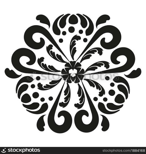 Round black and white pattern in oriental style with floral elements. Mandala circular ornament. For decorative purposes.. Round black and white pattern in oriental style
