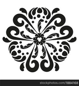 Round black and white pattern in oriental style with floral elements. Mandala circular ornament. For decorative purposes.. Round black and white pattern in oriental style