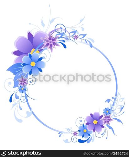 round blue banner with flowers, leaves and ornament