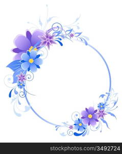 round blue banner with flowers, leaves and ornament