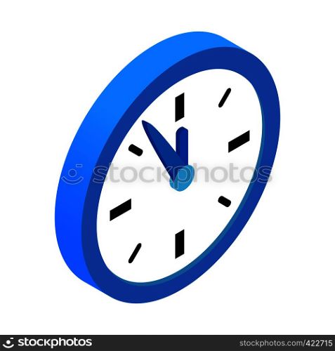 Round blue clock with five minutes to twelve icon. Single isometric symbol . Five minutes to twelve icon