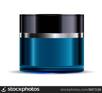 Round blue glass jar with black glossy plastic lid for cosmetics - body cream, gel, butter, bath salt, skin care, powder. Realistic packaging mockup template. Vector illustration.. Round blue glass jar with black glossy plastic lid