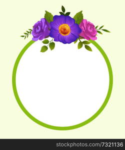 Round border with blooming springtime flowers vector illustration. Rose and purple daisy flowers photo frame greeting card design with place for text. Round Border Blooming Springtime Flowers Vector