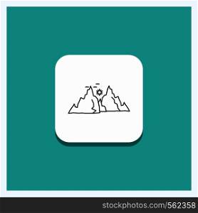 Round Button for mountain, landscape, hill, nature, sun Line icon Turquoise Background. Vector EPS10 Abstract Template background