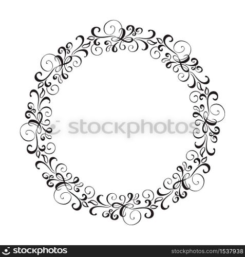 Round calligraphic vector wedding frame wreath with place for text. Isolated flourish vintage element for design. Perfect for holidays, Thanksgiving Day, Valentines Day, greeting card.. Round calligraphic vector wedding frame wreath with place for text. Isolated flourish vintage element for design. Perfect for holidays, Thanksgiving Day, Valentines Day, greeting card