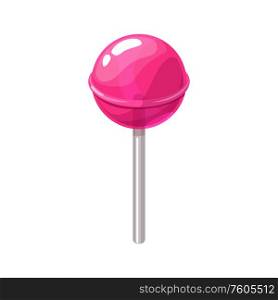Round candy on stick isolated 3D pink lollipop. Vector sweet spiral sucker, confectionery snack. Pink lollipop on stick isolated sweet candy