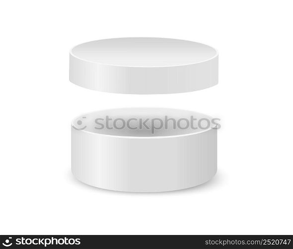 Round cardboard box with removed lid mockup. Open white cylinder package isolated on white background. Container for hat, gift, cosmetics, cookies. Vector realistic illustration.. Round cardboard box with removed lid mockup. Open white cylinder package isolated on white background. Container for hat, gift, cosmetics, cookies. Vector realistic illustration