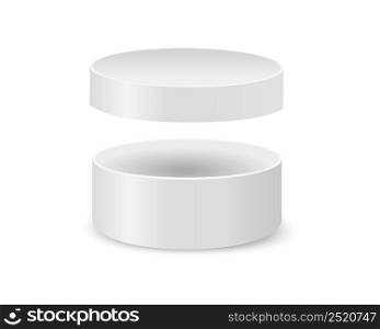 Round cardboard box with removed lid mockup. Open white cylinder package isolated on white background. Container for hat, gift, cosmetics, cookies. Vector realistic illustration.. Round cardboard box with removed lid mockup. Open white cylinder package isolated on white background. Container for hat, gift, cosmetics, cookies. Vector realistic illustration