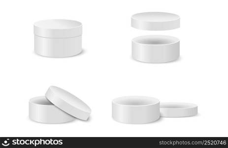 Round cardboard boxes for gifts, hats, sweets, cookies. Closed and open silver cylinder packages isolated on white background. Vector realistic illustration.. Round cardboard boxes for gifts, hats, sweets, cookies. Closed and open silver cylinder packages isolated on white background. Vector realistic illustration