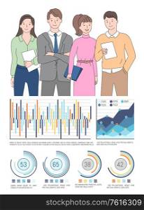 Round charts and graph with columns, numbers data, statistic report. Closeup view of people holding documents, teamwork presentation on white vector. Statistic Report, Chart and Graph, Numbers Vector