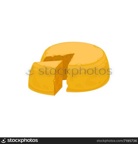 Round cheese block with triangular cut piece isolated vectro icon, isometric dairy farm product made of fresh milk. Round cheese block with triangular cut piece icon