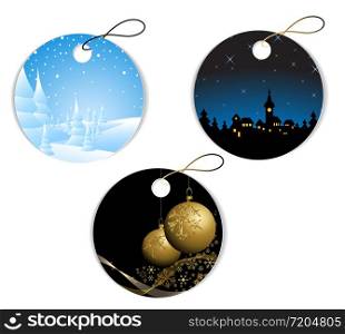 Round Christmas and winter tags (with lanscape, rural scenery and golden decorations)