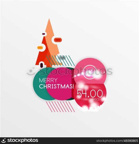 Round Christmas sale stickers with winter holiday elements. Round Christmas sale stickers with winter holiday elements and light effects. Vector geometric price promo labels