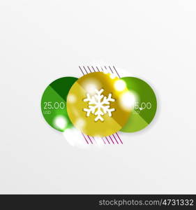 Round Christmas sale stickers with winter holiday elements. Round Christmas sale stickers with winter holiday elements and light effects. Vector geometric price promo labels