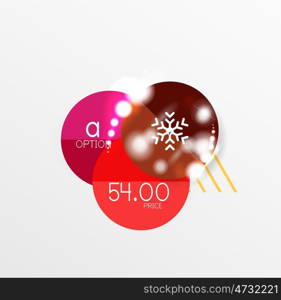 Round Christmas sale stickers with winter holiday elements. Round Christmas sale stickers with winter holiday elements and light effects. Vector geometric price promo labels