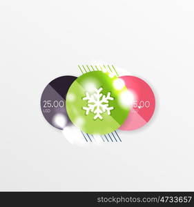 Round Christmas sale stickers with winter holiday elements. Round Christmas sale stickers with winter holiday elements and light effects. Vector geometric price promo labels