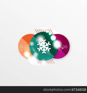 Round Christmas sale stickers with winter holiday elements. Round Christmas sale stickers with winter holiday elements and light effects. Vector geometric price promo labels